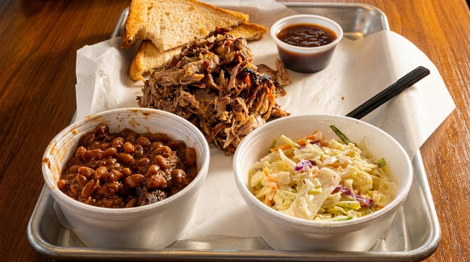 A BBQ platter with pulled pork, baked beans, coleslaw, toast, and a side of sauce.