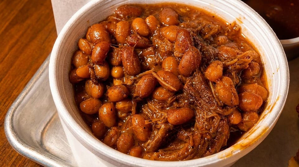 Close-up of a white bowl filled with baked beans and shredded meat in a rich brown sauce.