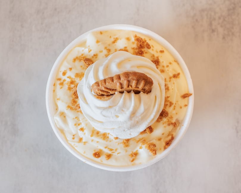 Overhead view of banana pudding with whipped cream and a cookie in a white cup.
